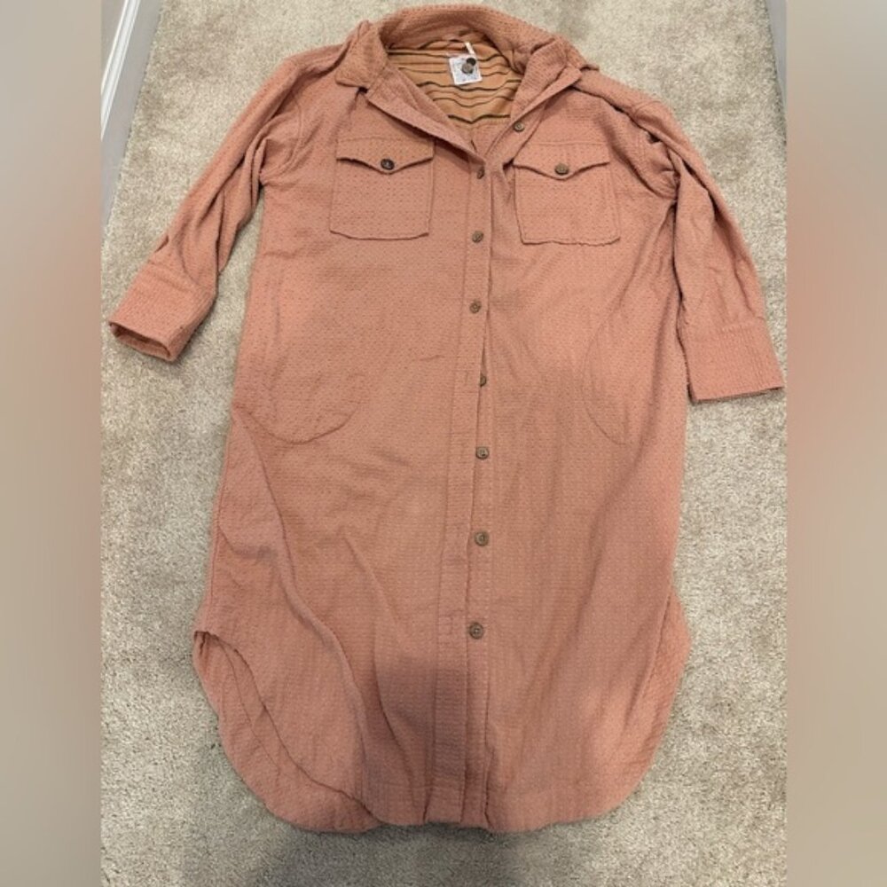 Free People Button Down Textured Maxi Shirt Dress in Mauve Medium Long Sleeve S